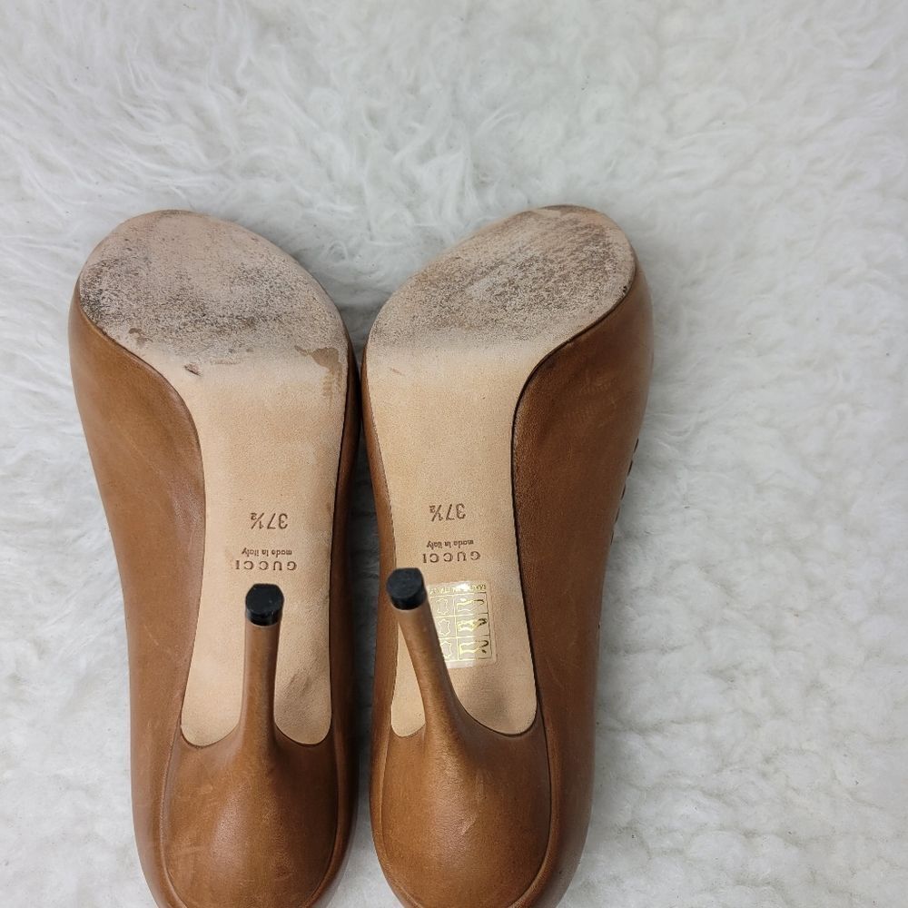 Gucci Brown Leather Whipstitch Trim Pumps Open Toe 264984 Heel Shoes Size 7 US - Picture 10 of 10
